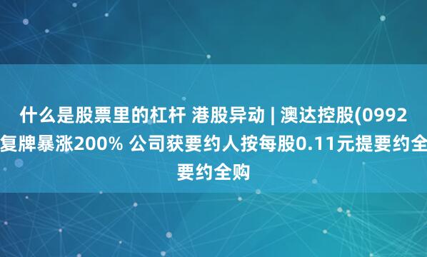 什么是股票里的杠杆 港股异动 | 澳达控股(09929)复牌暴涨200% 公司获要约人按每股0.11元提要约全购
